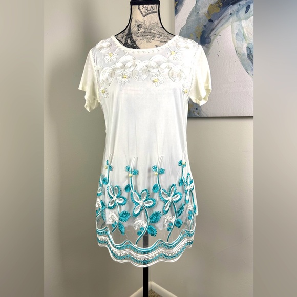 embroidered Dress top Tops - Chic White and Blue Floral Embroidered with Beading Women's Blouse